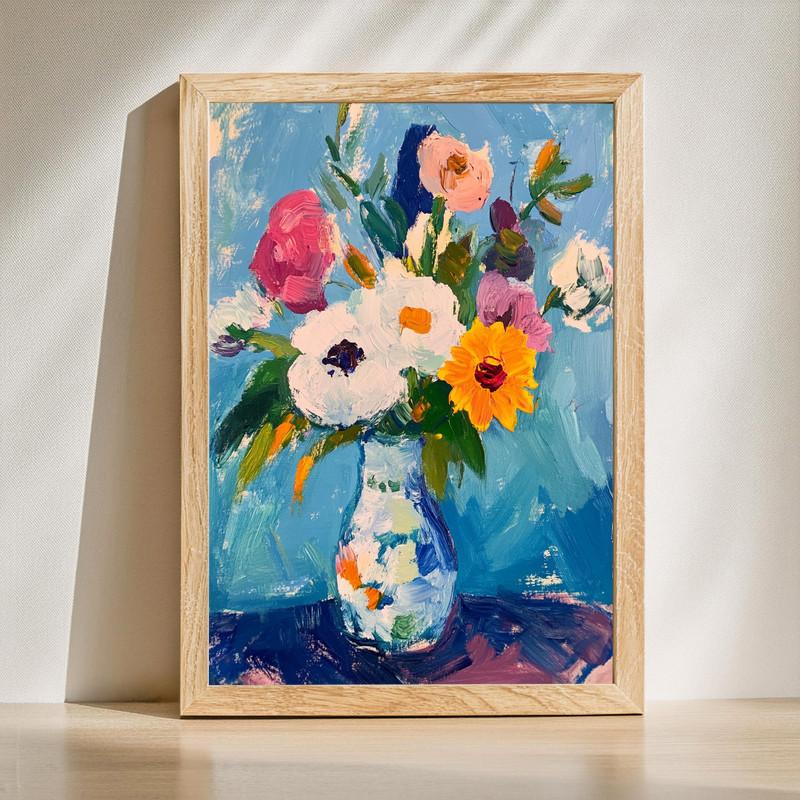 Vintage vase with garden cosmos flowers canvas wall art, still life botanical print with soft pastel tones on textured canvas | Familywalldecor