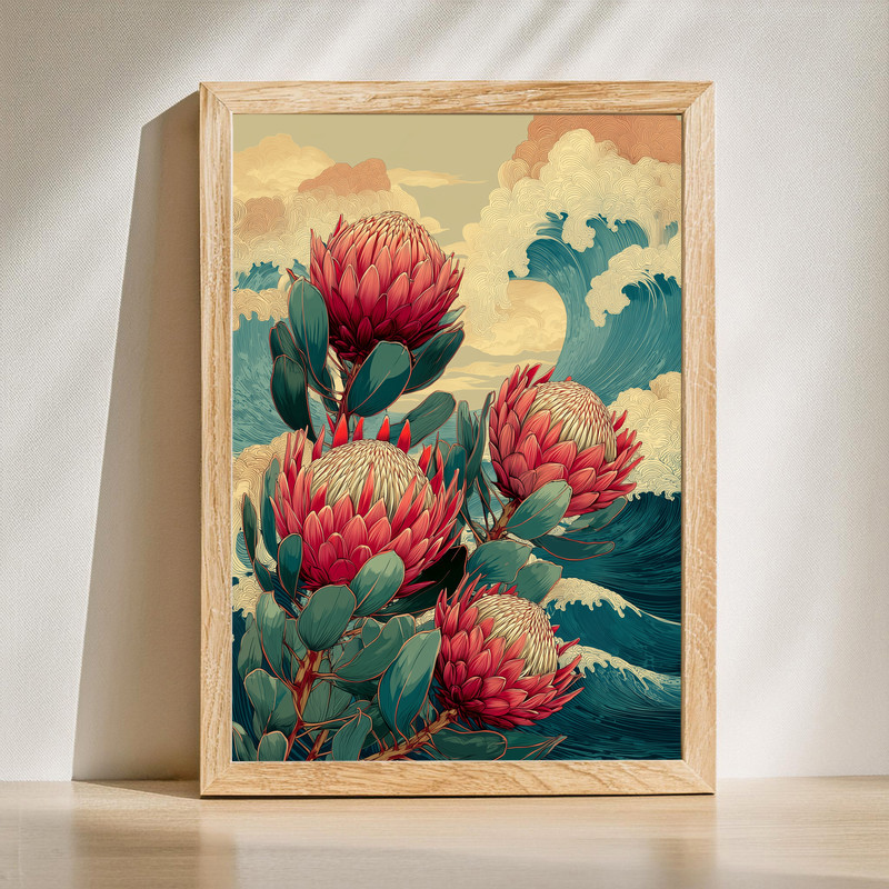 Waves of Grace Protea Harmony canvas wall art with soft botanical blooms and flowing abstract lines for living room decor | Family Wall Decor