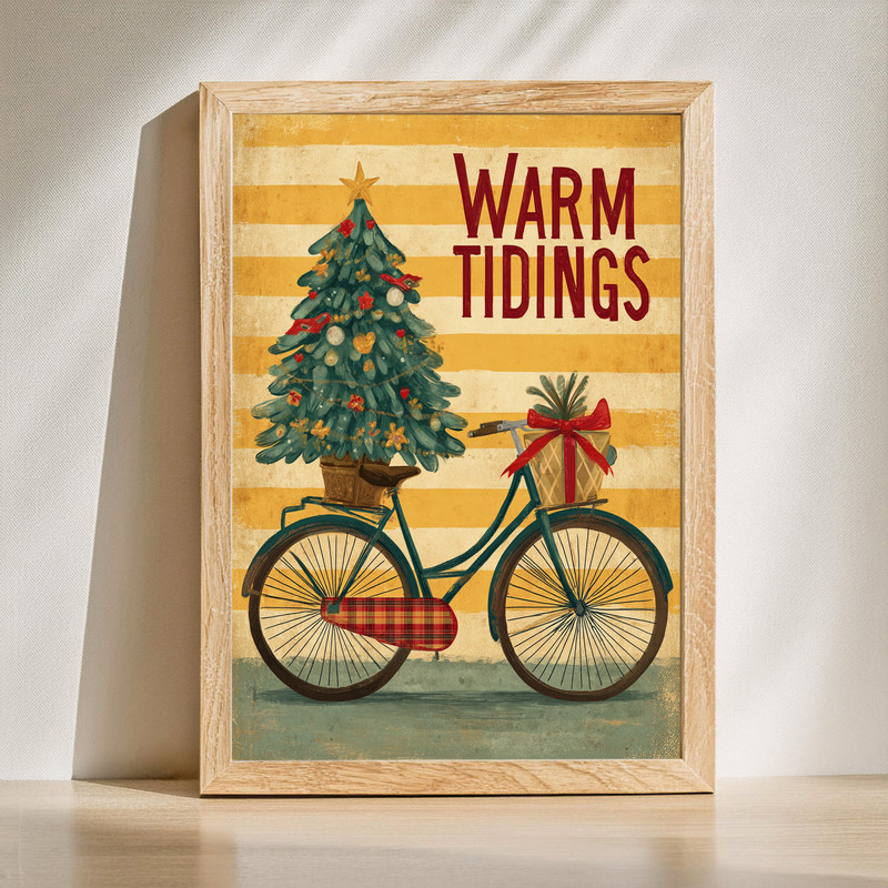 Christmas bicycle canvas wall art with a red bike carrying a fir tree through falling snow, watercolor holiday decor | Familywalldecor