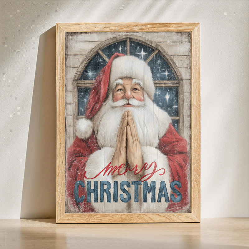 Whimsical Santa Christmas canvas wall art for hallway decor in cozy farmhouse style, rustic tones and charm, horizontal | Familywalldecor