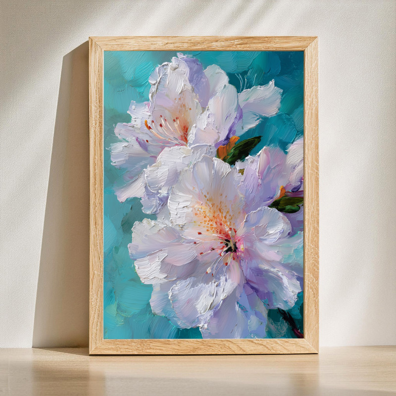 White azalea canvas wall art in simple botanical style, single bloom with green leaves on a neutral background | Family Wall Decor