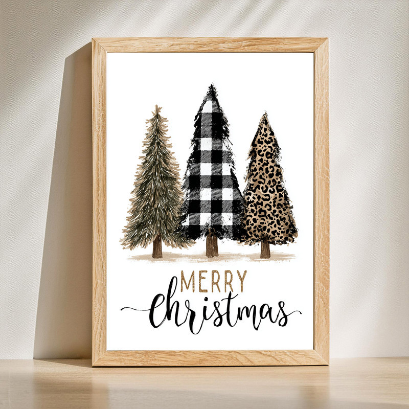 White plaid leopard Christmas tree canvas wall art for hallway decor, holiday print with leopard accents and star topper | Familywalldecor