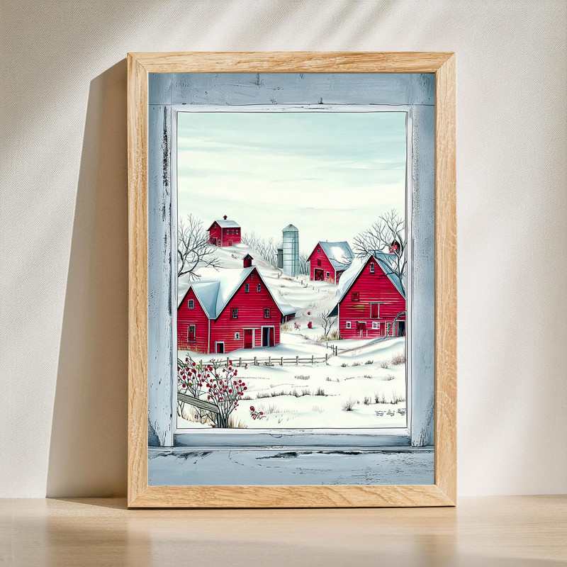 Winter barn window canvas wall art featuring a snowy red barn through rustic panes, holiday farmhouse bedroom decor, cozy | Familywalldecor
