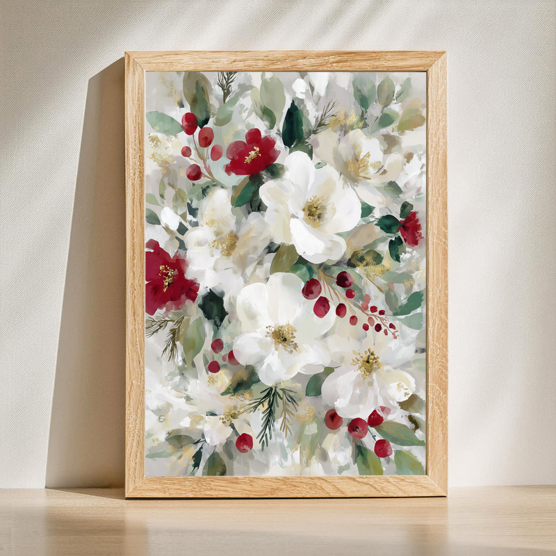 Winter bloom Christmas watercolor floral canvas wall art for holiday hallway decor, holly leaves, pine sprigs, and red berries | Familywalldecor
