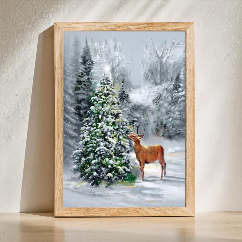 Winter reindeer canvas wall art, snowy forest scene with antlers, vertical orientation, ideal for hallway decor | Family Wall Decor