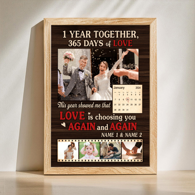 1-year anniversary canvas wall art photo collage with custom names, date, and multiple wedding photos for a couple | Familywalldecor