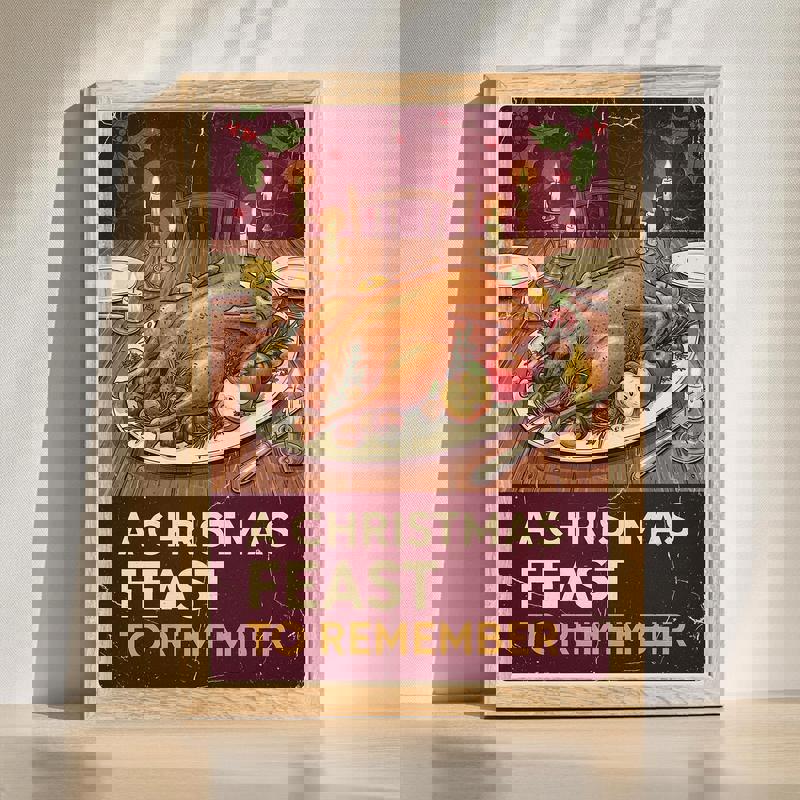 Christmas feast dining room canvas in retro style, candlelit table with turkey, holly garlands, and a glowing tree, landscape | Familywalldecor