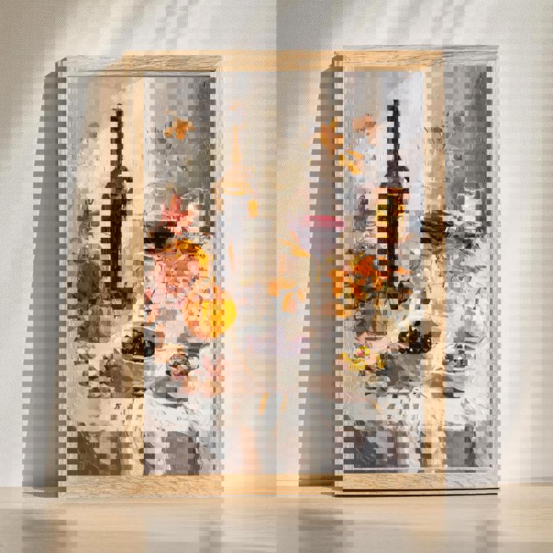 Rustic autumn still life canvas wall art for dining room, warm earth tones with wine, pumpkins, and falling leaves | Familywalldecor