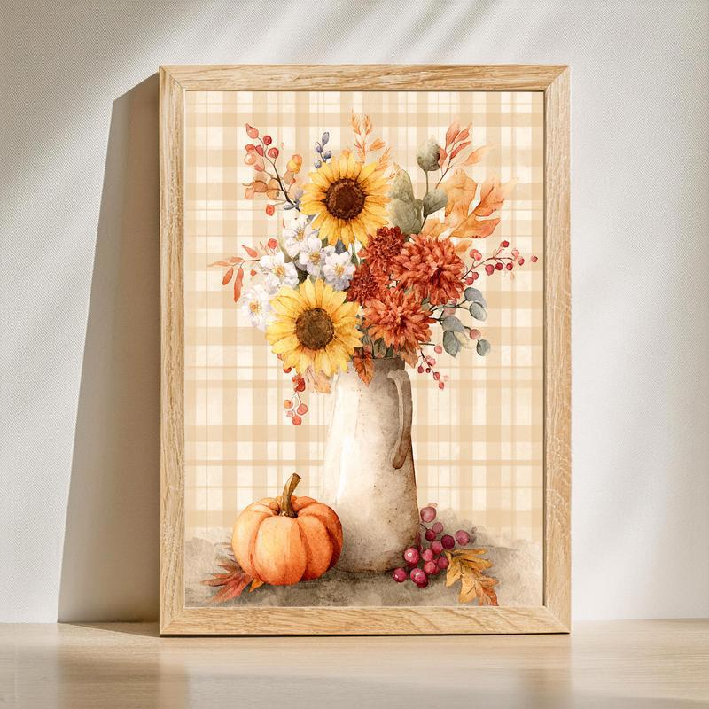 Autumn blessings canvas, rustic floral pumpkin wall art for dining room, farmhouse with fall leaves and script typography | Family Wall Decor UK