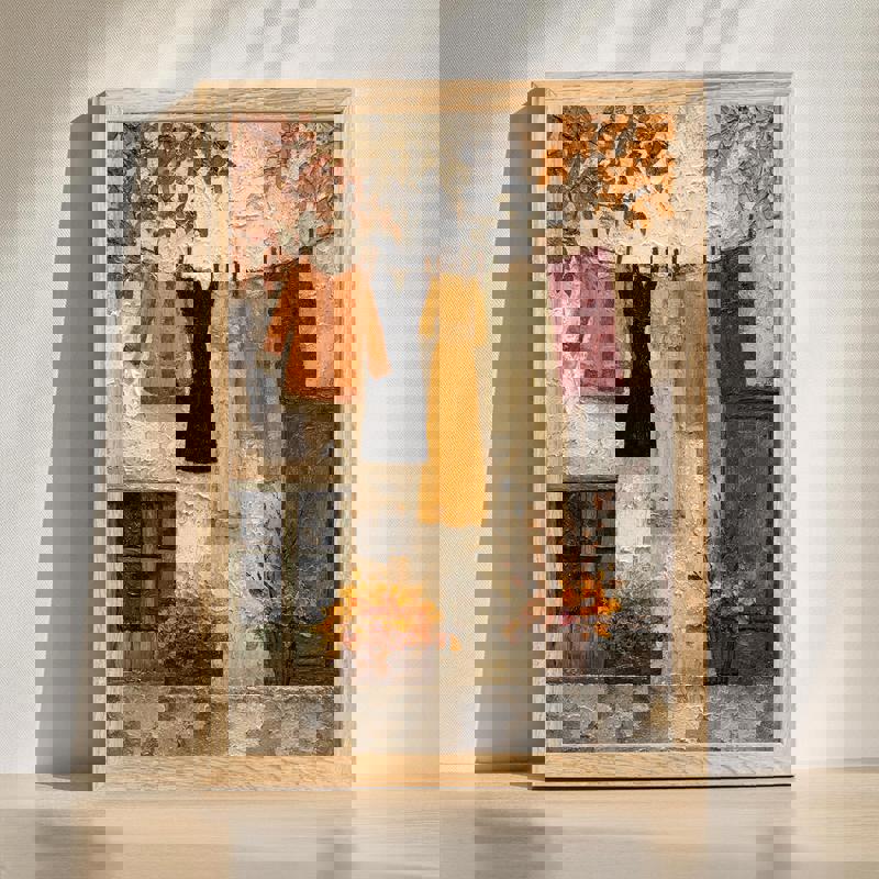 Autumn clothesline canvas wall art with rustic Thanksgiving laundry on a line, leaves and farmhouse charm, laundry room | Familywalldecor