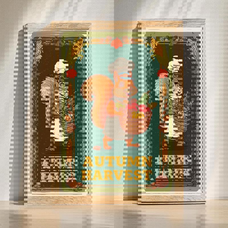 Autumn harvest squirrel canvas wall art, retro Thanksgiving decor for dining room, warm earth tones with pumpkins and acorns | Familywalldecor