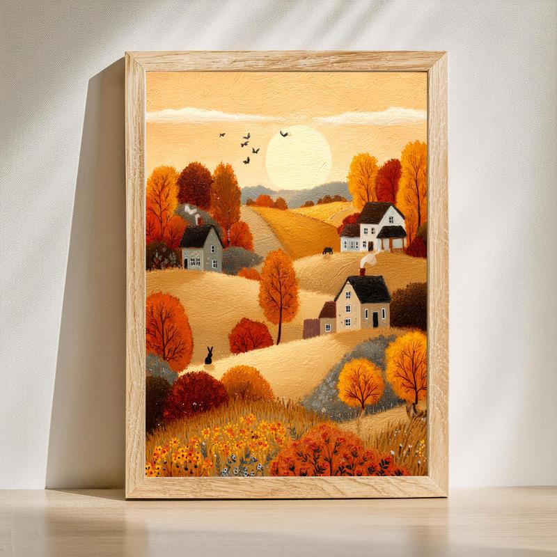 Autumn Meadow Bliss canvas showcases a cozy farm landscape with golden fields and fall trees, ideal for dining room decor | Family Wall Decor UK