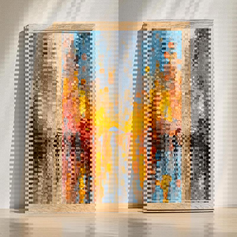 Autumn rain of gratitude cityscape canvas wall art, abstract Thanksgiving tones and street reflections for dining room decor | Familywalldecor