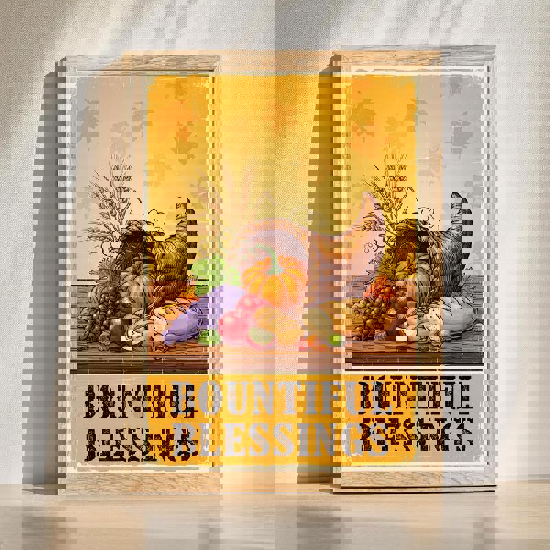 Bountiful Blessings cornucopia dining room canvas, vintage harvest with pumpkins and gourds in warm earth tones, horizontal | Familywalldecor