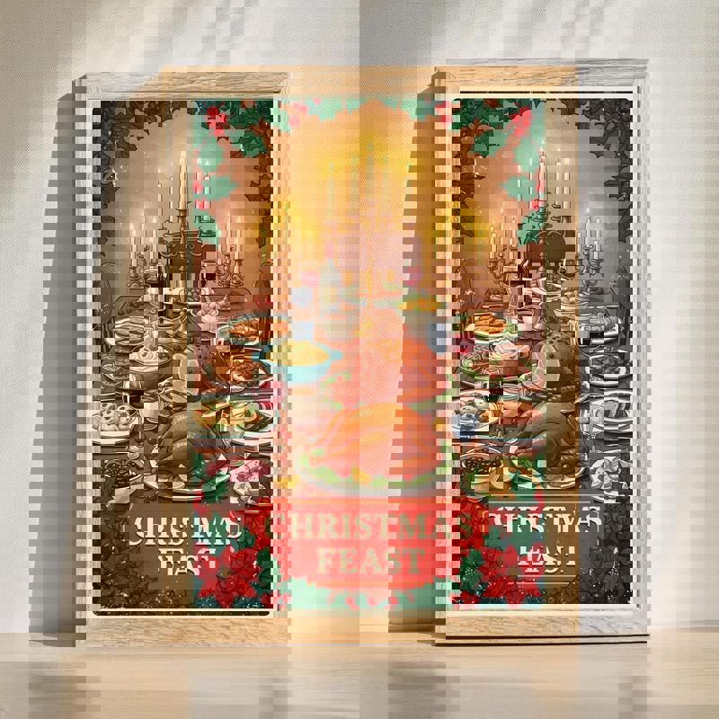 Christmas feast dining room canvas, vintage art of festive table with candles and roast turkey; warm tones, landscape | Familywalldecor