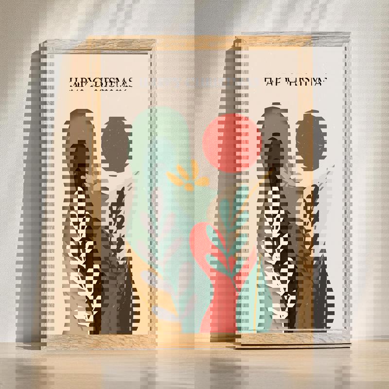 Christmas leaf cutout minimalist canvas wall art for dining room, abstract shapes in neutral tones, vertical portrait layout | Familywalldecor