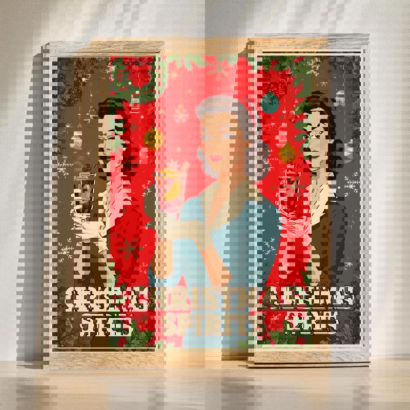 Christmas spirits retro woman canvas wall art, nostalgic holiday decor for dining room, vintage style festive home accent | Familywalldecor