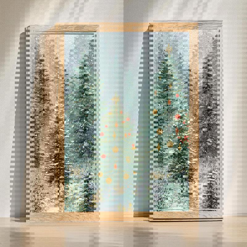 Christmas forest watercolor canvas wall art, misty evergreen pines and snowfall, landscape for dining room decor | Familywalldecor