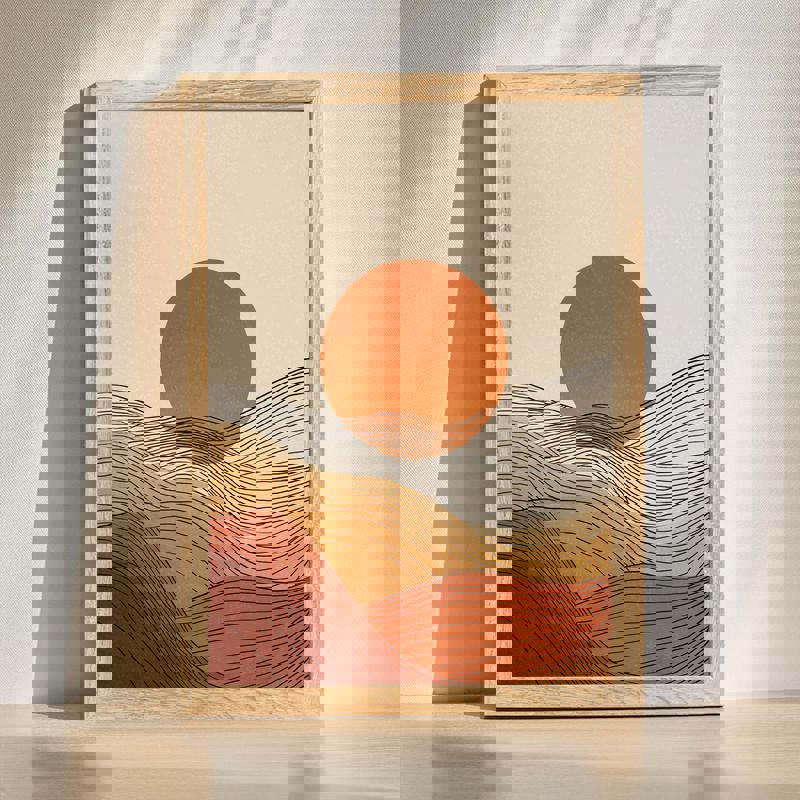 Golden Harvest Sun canvas wall art, minimalist mountain landscape in warm amber tones, dining room decor for Thanksgiving | Familywalldecor