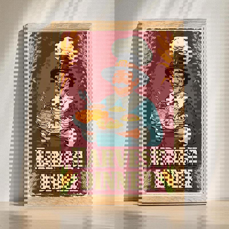 Harvest Dinner Pilgrim Chef dining room canvas, vintage cook preparing autumn feast in pilgrim attire, rustic farmhouse style | Familywalldecor