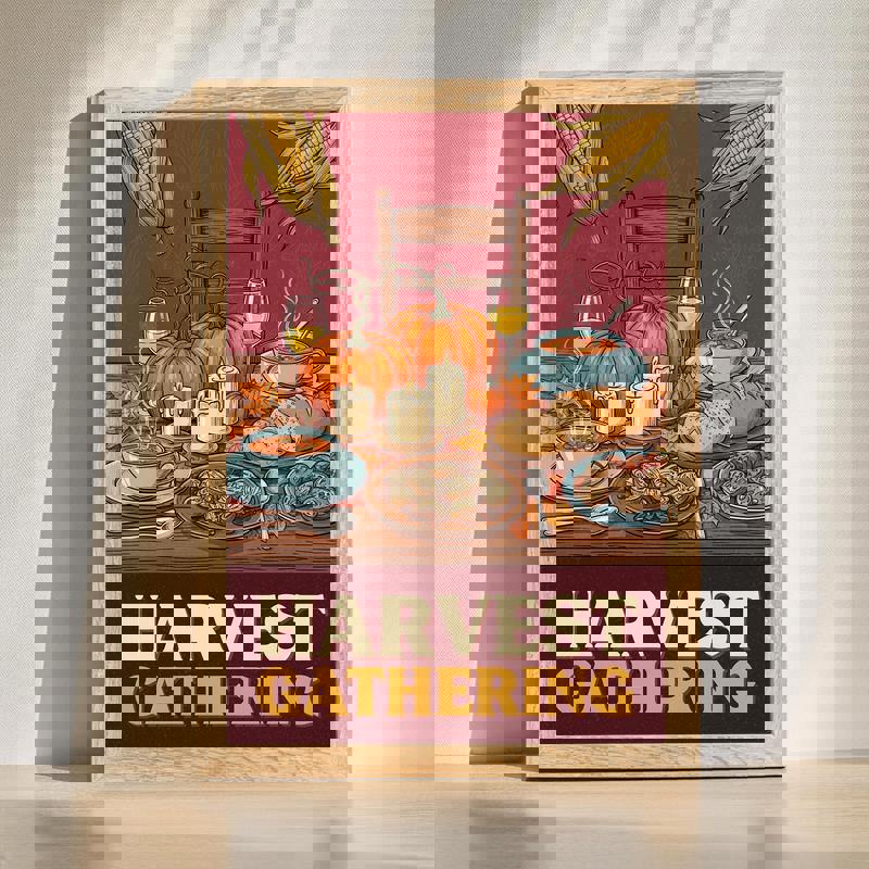 Harvest gathering rustic table canvas for dining room, vintage farmhouse with pumpkins, wheat and candles in warm tones | Familywalldecor