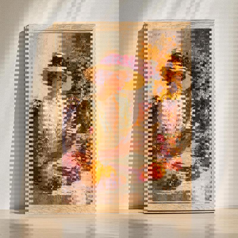 Impressionist Thanksgiving canvas wall art with a harvest table, pumpkins, candles and fall leaves for dining room | Familywalldecor