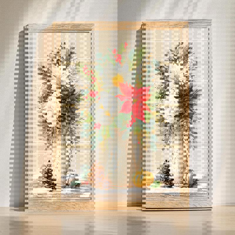 Farmhouse Christmas floral canvas with red poinsettias, holly berries, and pine, perfect for cozy dining room wall decor | Familywalldecor