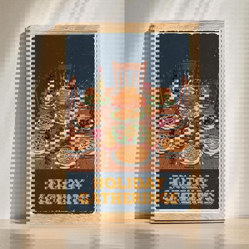 Holiday gatherings vintage dining table canvas wall art, rustic tablescape with candles and greenery for dining room decor | Familywalldecor