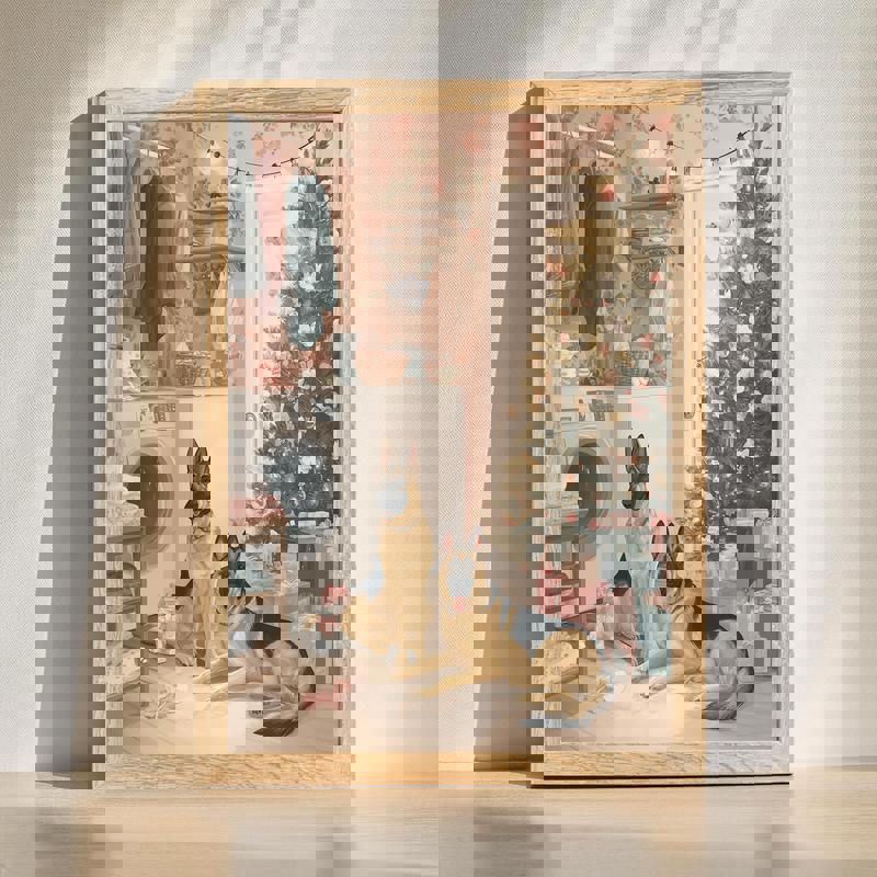 Christmas laundry room canvas wall art with elves as holiday helpers, washer and clothesline, rustic farmhouse style decor | Familywalldecor