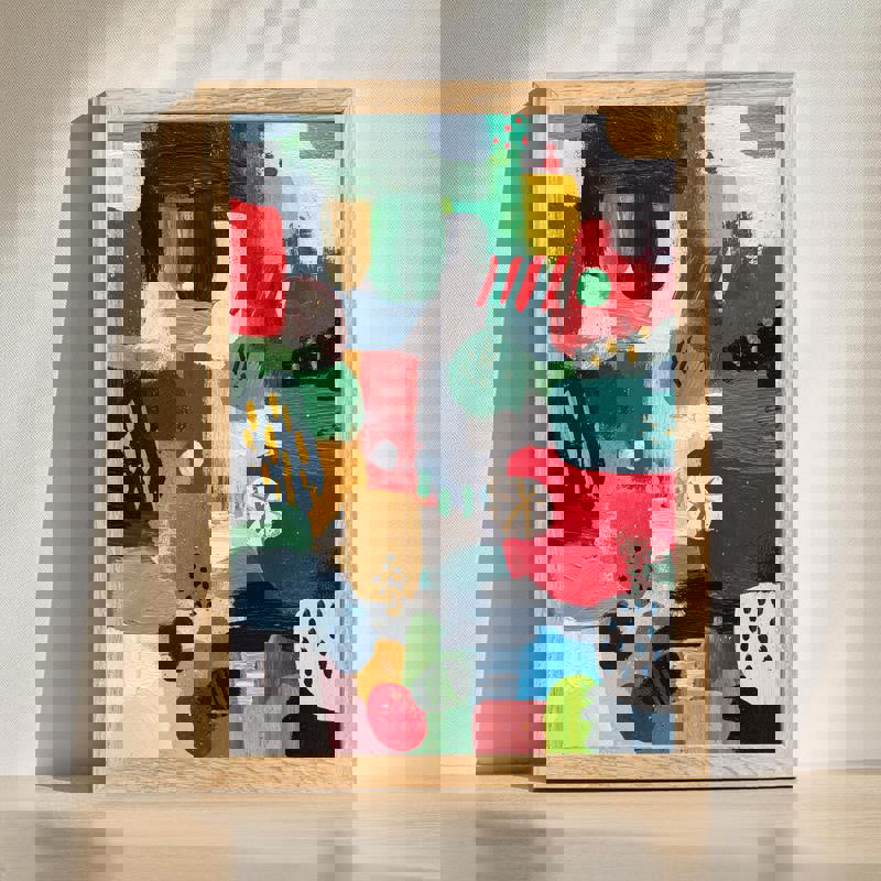 Holiday whimsy canvas, festive modern abstract for dining room decor, red and green brushstrokes with gold accents, horizontal art | Familywalldecor