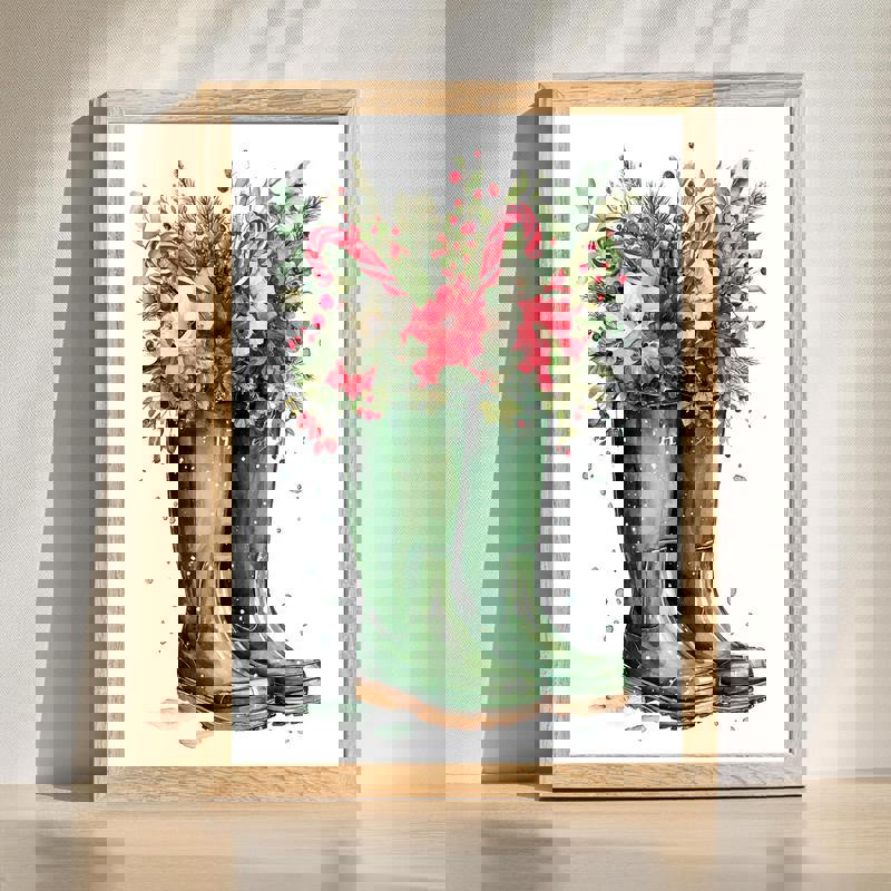 Festive holiday rain boots canvas wall art for laundry room decor, cozy farmhouse style with winter accents and charm. | Familywalldecor