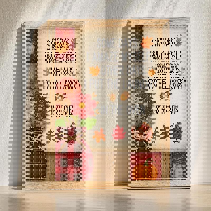 Thanksgiving patchwork canvas with Laundry & Laughter text, pumpkins and autumn leaves for laundry room wall decor | Familywalldecor