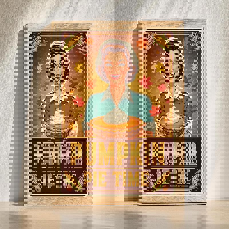 Pumpkin pie Thanksgiving retro poster on canvas wall art for dining room decor, warm autumn palette and vintage typography | Familywalldecor