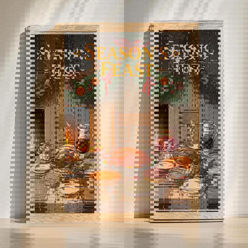 Vintage Christmas dining room canvas with festive table setting, candles, and holly garland, cozy wall art for holiday decor | Familywalldecor