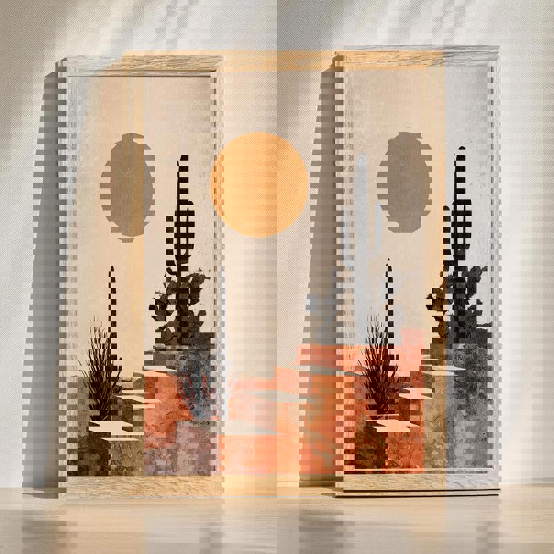 Southwest harvest desert canvas for dining room, warm earth tones with cacti, pumpkins, and sunset sky for Thanksgiving. | Familywalldecor