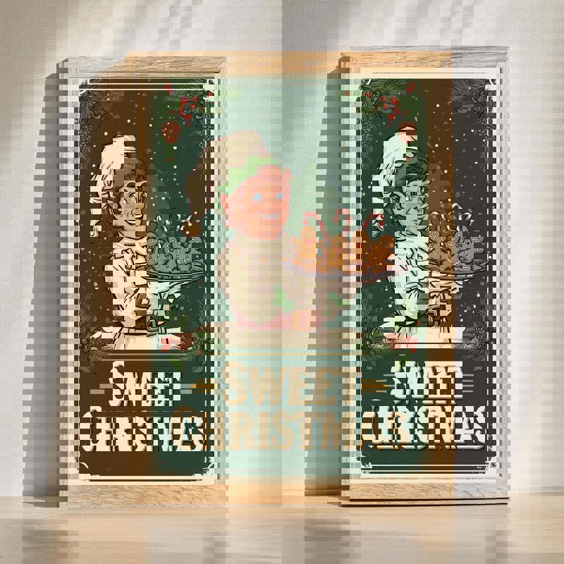 Sweet Christmas Elf Baker canvas vintage holiday poster art, cheerful elf icing gingerbread, ideal dining room wall decor | Familywalldecor