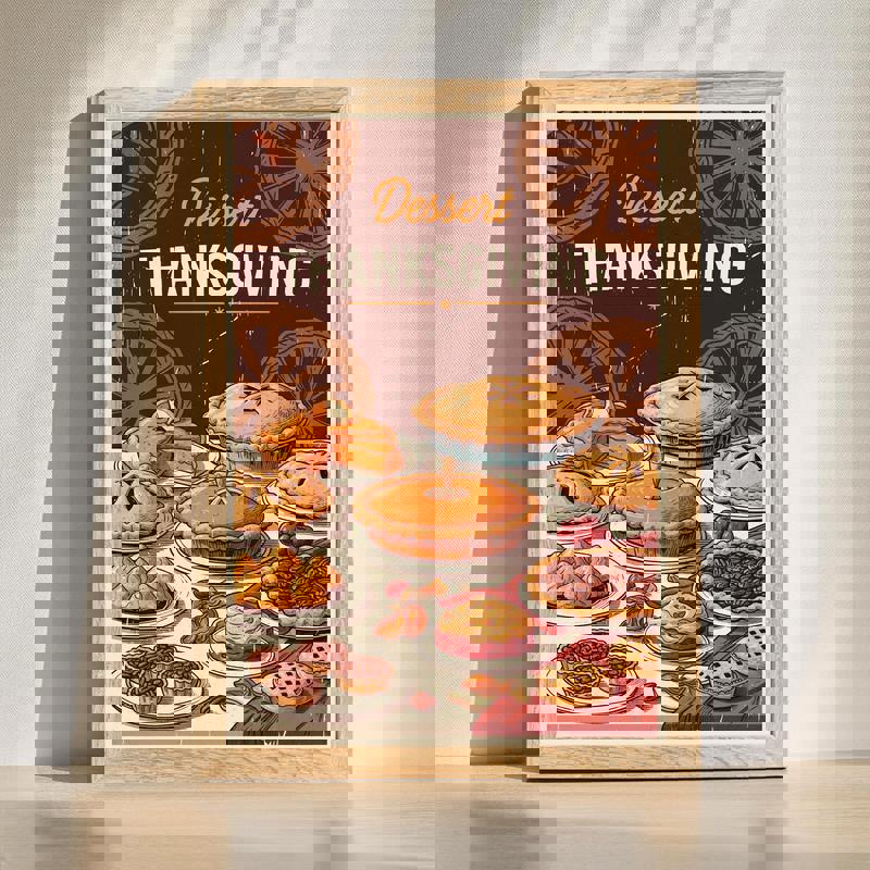 Thanksgiving dessert retro dining room canvas with pumpkin pie, pecan tart, warm tones for dining wall decor art | Familywalldecor