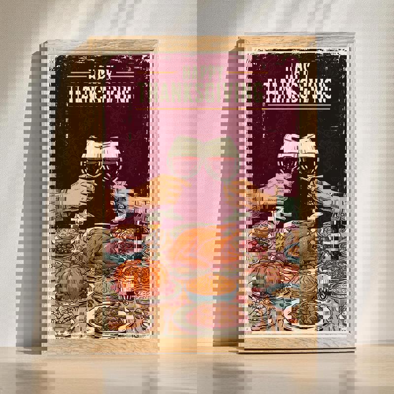 Thanksgiving canvas wall art for dining room, warm autumn palette with pumpkins and leaves, horizontal rustic farmhouse style | Familywalldecor