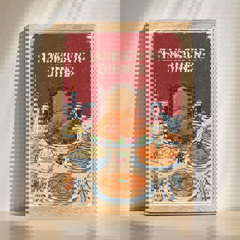 Thanksgiving dinner feast vintage dining room canvas with turkey centerpiece, candles and pumpkins in warm tones. | Familywalldecor