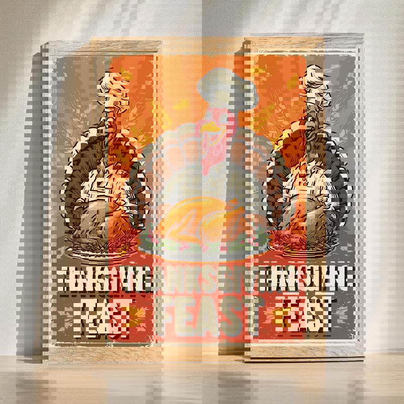 Thanksgiving feast vintage dining room canvas featuring a harvest table with turkey, pumpkins, and candles in rustic tones | Familywalldecor