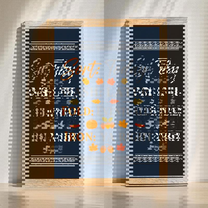 Thanksgiving-themed laundry schedule canvas in navy blue with autumn accents, perfect for laundry room wall decor. | Familywalldecor