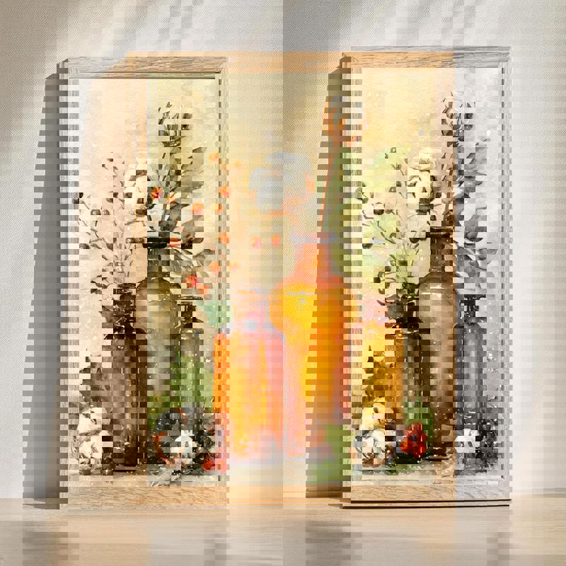 Vintage amber glass bottles with cotton flowers canvas, rustic laundry room wall art in neutrals for festive farmhouse style | Familywalldecor