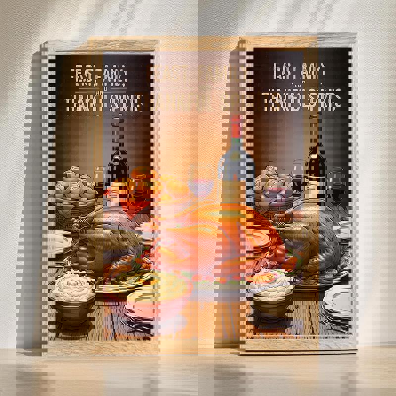 Warm autumn dining table canvas with roast turkey, red wine, and candles, cozy fall wall art for dining room decor | Family Wall Decor