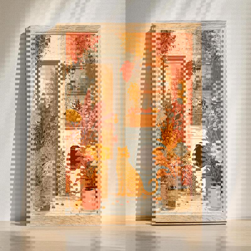 Cozy laundry room cheetah decor canvas wall art, washer and shelves with baskets, neutral tones, farmhouse style accent | Familywalldecor