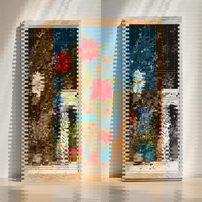 Whimsical Christmas tiger canvas for laundry room decor, holiday wall art with festive details and a bold, cheerful palette | Familywalldecor