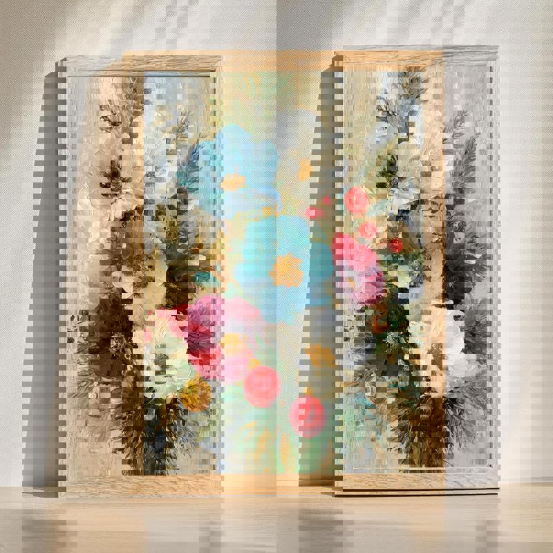 Christmas floral canvas wall art for dining room, red poinsettias and holly with evergreen accents, horizontal orientation | Familywalldecor