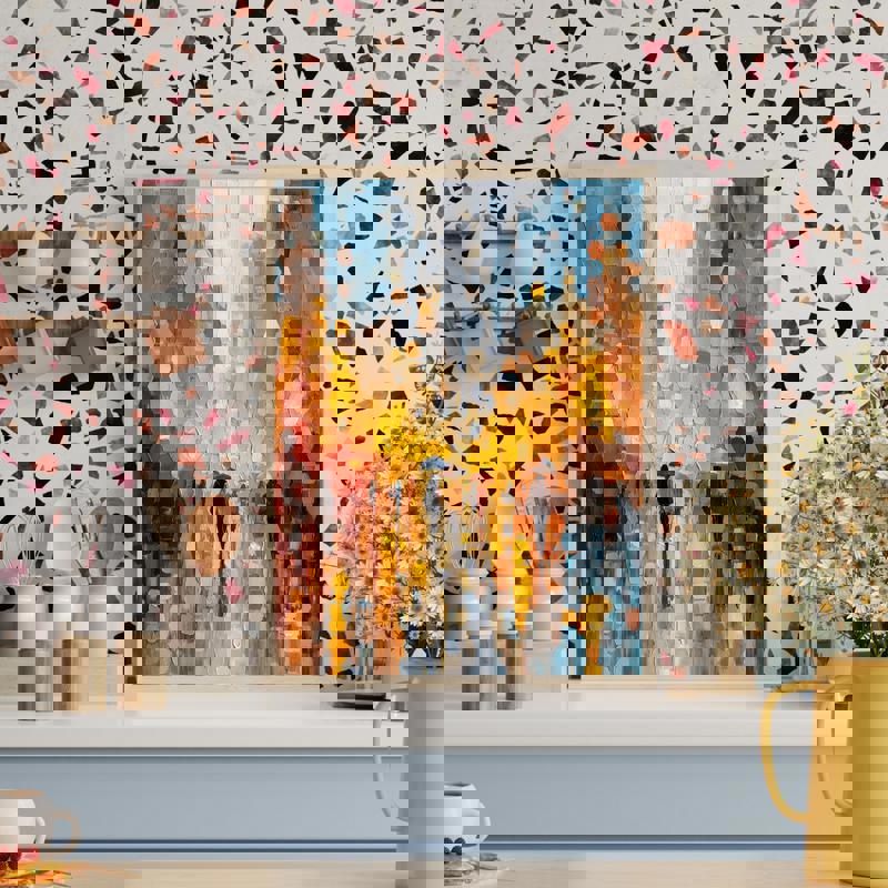 Autumn rain of gratitude cityscape canvas wall art, moody abstract skyline with puddle reflections for cozy dining room decor