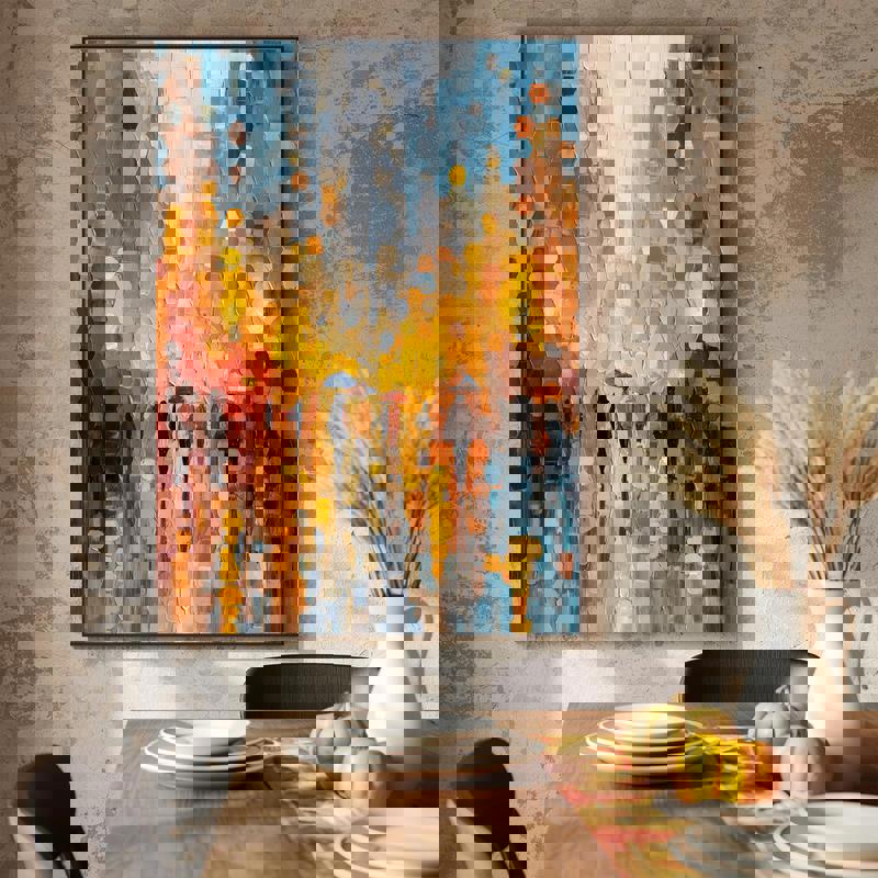 Autumn rain of gratitude abstract cityscape canvas, rich amber and rust palette, rainy street scene art for dining room decor