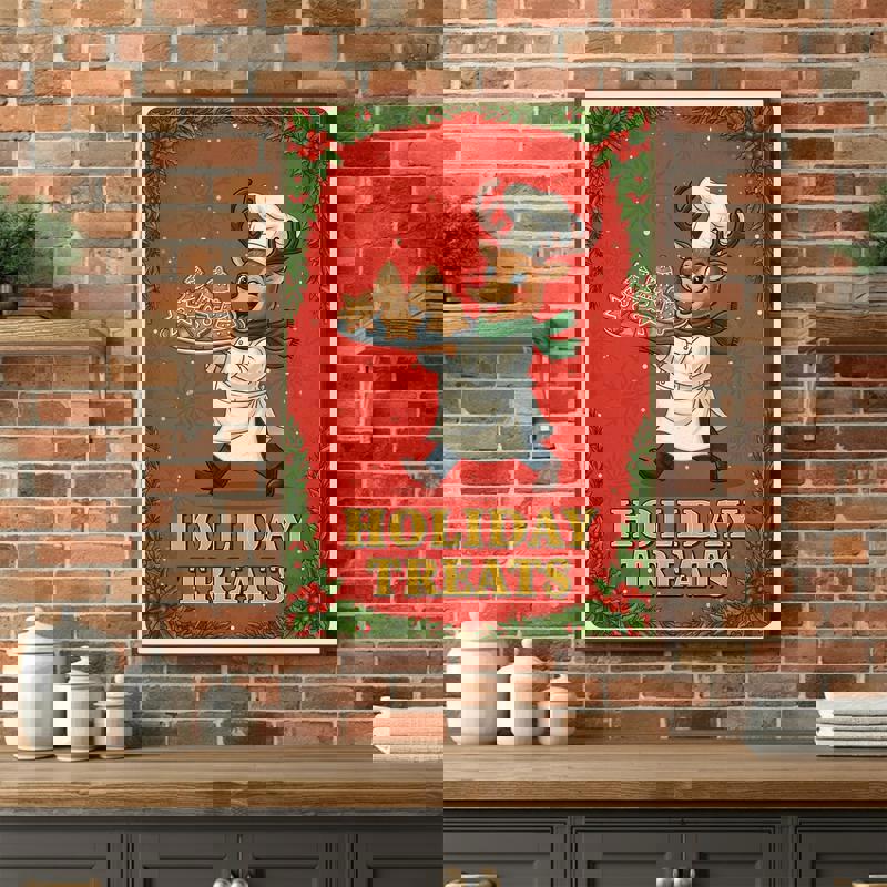 Holiday Treats Reindeer Chef– Retro Christmas Poster For Dining Room Canvas | Familywalldecor