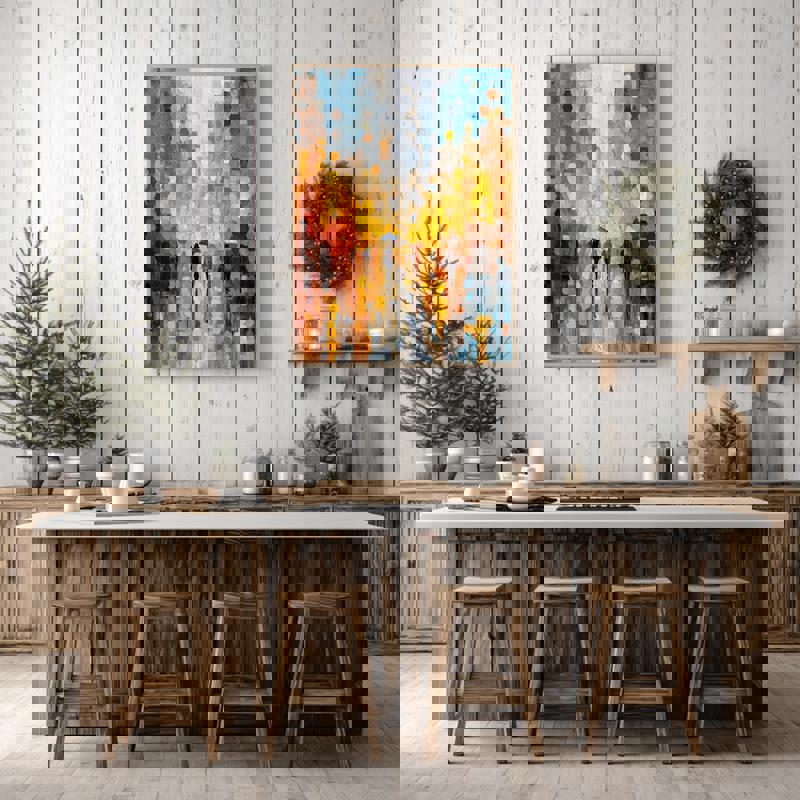 Autumn rain of gratitude cityscape canvas, abstract evening glow, reflections on wet pavement art ideal for dining room decor